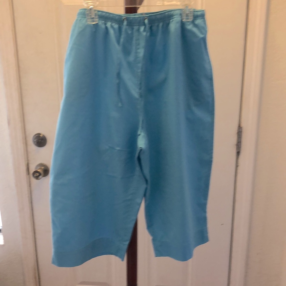 Karen Scott easy care crops.  A great sky blue with an adjustable waist!!